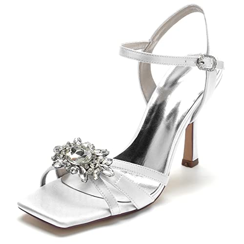 GHSIRUEU Brautschuhe Damen Offener Zeh Stöckel Absatz Arbeit Braut Hochzeit Kleid Abendschuhe Mit Strass,Weiß,43 EU von GHSIRUEU