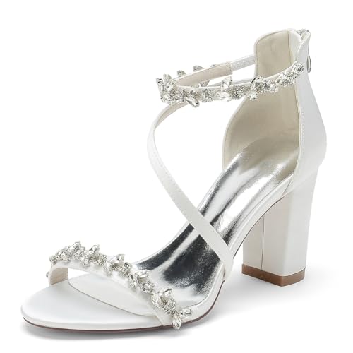 GHSIRUEU Brautschuhe Damen Offener Zeh Strass Knöchelriemen Blockabsatz Hochzeit Kleid Abendschuhe Mit Reißverschluss,Weiß,38 EU von GHSIRUEU
