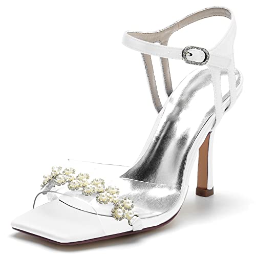 GHSIRUEU Brautschuhe Damen Quadratischer Zeh Stöckel Absatz Knöchelriemen Hochzeit Sandalen mit Perle,Weiß,37 EU von GHSIRUEU