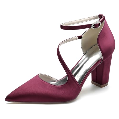 GHSIRUEU Brautschuhe Damen Satin Knöchelriemen Blockabsatz Pumpen Hochzeit Brautjungfernschuhe,Burgundy,38 EU von GHSIRUEU