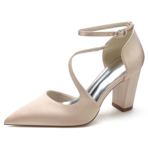 GHSIRUEU Brautschuhe Damen Satin Knöchelriemen Blockabsatz Pumpen Hochzeit Brautjungfernschuhe,Champagne,36 EU von GHSIRUEU