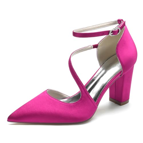 GHSIRUEU Brautschuhe Damen Satin Knöchelriemen Blockabsatz Pumpen Hochzeit Brautjungfernschuhe,Fuchsia,42 EU von GHSIRUEU