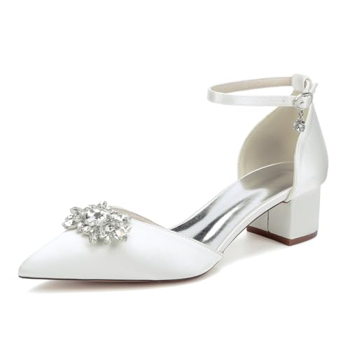 GHSIRUEU Brautschuhe Damen Spitze Zehen Knöchelriemen Blockabsatz Niedriger Absatz Pumpen Hochzeit Brautjungfernschuhe mit Strass,Elfenbein,36 EU von GHSIRUEU