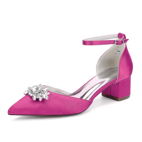 GHSIRUEU Brautschuhe Damen Spitze Zehen Knöchelriemen Blockabsatz Niedriger Absatz Pumpen Hochzeit Brautjungfernschuhe mit Strass,Fuchsia,42 EU von GHSIRUEU