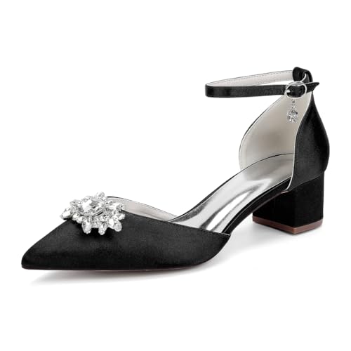 GHSIRUEU Brautschuhe Damen Spitze Zehen Knöchelriemen Blockabsatz Niedriger Absatz Pumpen Hochzeit Brautjungfernschuhe mit Strass,Schwarz,40 EU von GHSIRUEU