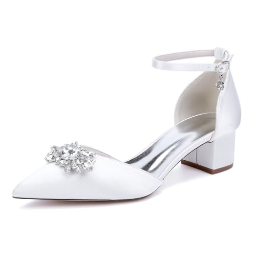 GHSIRUEU Brautschuhe Damen Spitze Zehen Knöchelriemen Blockabsatz Niedriger Absatz Pumpen Hochzeit Brautjungfernschuhe mit Strass,Weiß,38 EU von GHSIRUEU