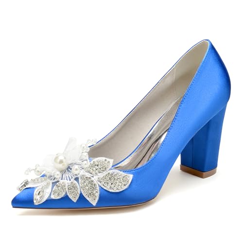 GHSIRUEU Brautschuhe Damen Spitzschuh Geschlossene Zehen 8.5CM Blockabsatz Slip Auf Absatzschuhe mit Perle,Blau,41 EU von GHSIRUEU