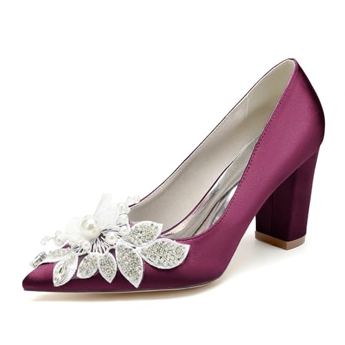 GHSIRUEU Brautschuhe Damen Spitzschuh Geschlossene Zehen 8.5CM Blockabsatz Slip Auf Absatzschuhe mit Perle,Burgundy,42 EU von GHSIRUEU