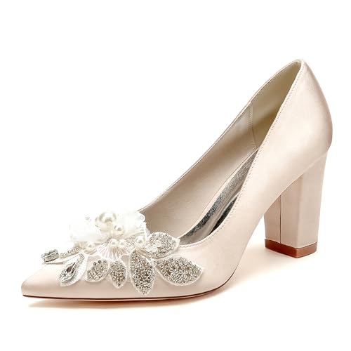 GHSIRUEU Brautschuhe Damen Spitzschuh Geschlossene Zehen 8.5CM Blockabsatz Slip Auf Absatzschuhe mit Perle,Champagne,40 EU von GHSIRUEU