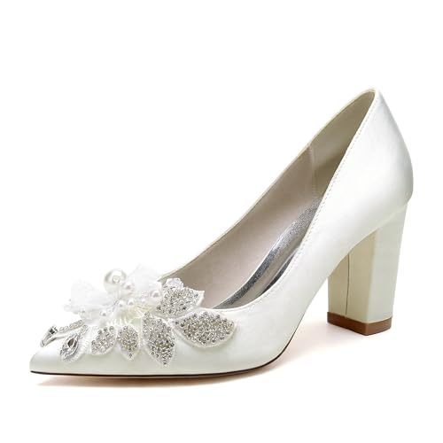 GHSIRUEU Brautschuhe Damen Spitzschuh Geschlossene Zehen 8.5CM Blockabsatz Slip Auf Absatzschuhe mit Perle,Elfenbein,38 EU von GHSIRUEU