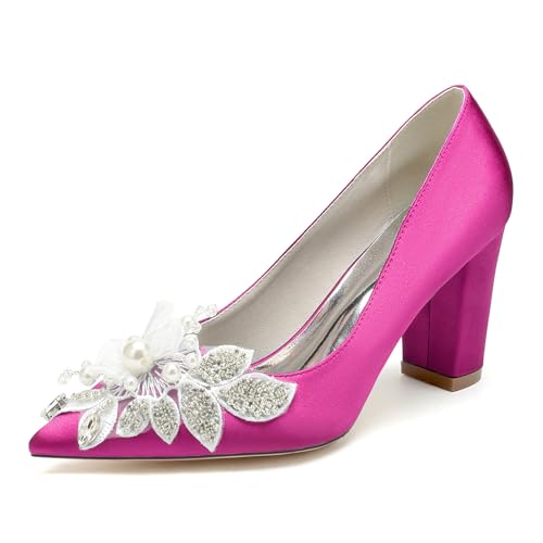 GHSIRUEU Brautschuhe Damen Spitzschuh Geschlossene Zehen 8.5CM Blockabsatz Slip Auf Absatzschuhe mit Perle,Fuchsia,39 EU von GHSIRUEU