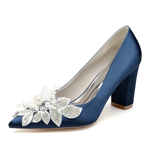 GHSIRUEU Brautschuhe Damen Spitzschuh Geschlossene Zehen 8.5CM Blockabsatz Slip Auf Absatzschuhe mit Perle,Marine,41 EU von GHSIRUEU