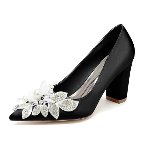 GHSIRUEU Brautschuhe Damen Spitzschuh Geschlossene Zehen 8.5CM Blockabsatz Slip Auf Absatzschuhe mit Perle,Schwarz,38 EU von GHSIRUEU