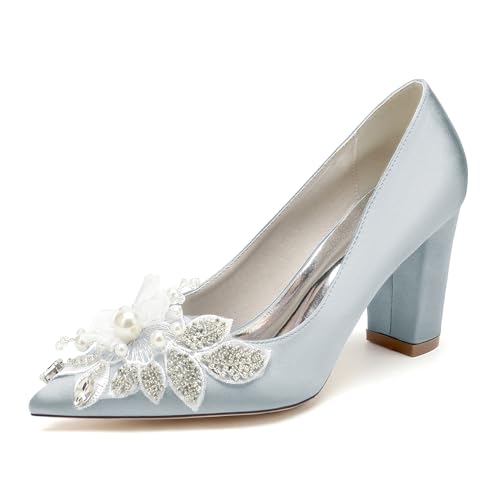 GHSIRUEU Brautschuhe Damen Spitzschuh Geschlossene Zehen 8.5CM Blockabsatz Slip Auf Absatzschuhe mit Perle,Silber,42 EU von GHSIRUEU