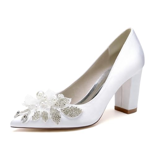 GHSIRUEU Brautschuhe Damen Spitzschuh Geschlossene Zehen 8.5CM Blockabsatz Slip Auf Absatzschuhe mit Perle,Weiß,42 EU von GHSIRUEU
