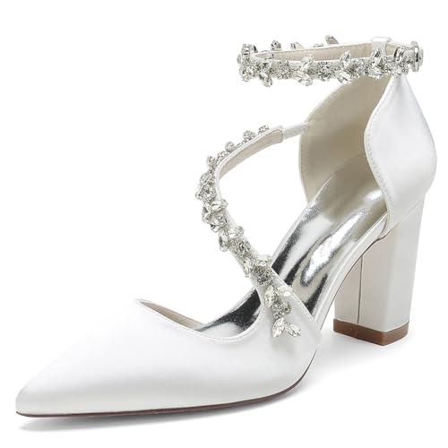 GHSIRUEU Brautschuhe Damen Spitzschuh Kristall Knöchelriemen 8.5CM Blockabsatz Pumpen Partei Abendschuhe,Weiß,40 EU von GHSIRUEU