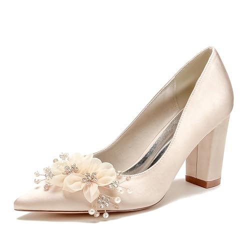 GHSIRUEU Brautschuhe Damen Spitzschuh Stämmiger Absatz Absatzschuhe mit Blume Kristall Perle,Champagne,41 EU von GHSIRUEU