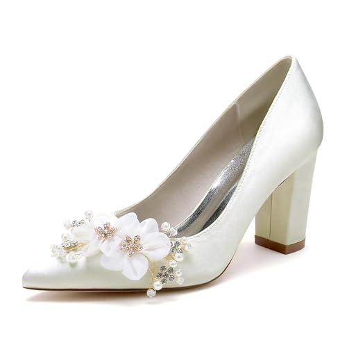 GHSIRUEU Brautschuhe Damen Spitzschuh Stämmiger Absatz Absatzschuhe mit Blume Kristall Perle,Elfenbein,43 EU von GHSIRUEU