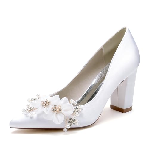 GHSIRUEU Brautschuhe Damen Spitzschuh Stämmiger Absatz Absatzschuhe mit Blume Kristall Perle,Weiß,41 EU von GHSIRUEU
