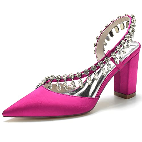 GHSIRUEU Brautschuhe Damen Strass Knöchelriemen Bequeme 8.5CM Blockabsatz Sandalen,Fuchsia,42 EU von GHSIRUEU
