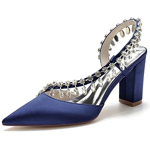 GHSIRUEU Brautschuhe Damen Strass Knöchelriemen Bequeme 8.5CM Blockabsatz Sandalen,Marine,41 EU von GHSIRUEU