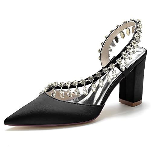 GHSIRUEU Brautschuhe Damen Strass Knöchelriemen Bequeme 8.5CM Blockabsatz Sandalen,Schwarz,36 EU von GHSIRUEU