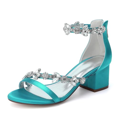 GHSIRUEU Brautschuhe Damen Strass Knöchelriemen Offener Zehen Blockabsatz Sandalen für Hochzeit Kleid Partei,Cyan,40 EU von GHSIRUEU