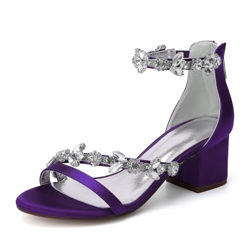 GHSIRUEU Brautschuhe Damen Strass Knöchelriemen Offener Zehen Blockabsatz Sandalen für Hochzeit Kleid Partei,Dull Purple,39 EU von GHSIRUEU
