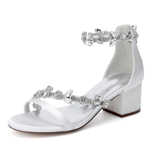 GHSIRUEU Brautschuhe Damen Strass Knöchelriemen Offener Zehen Blockabsatz Sandalen für Hochzeit Kleid Partei,Elfenbein,39 EU von GHSIRUEU