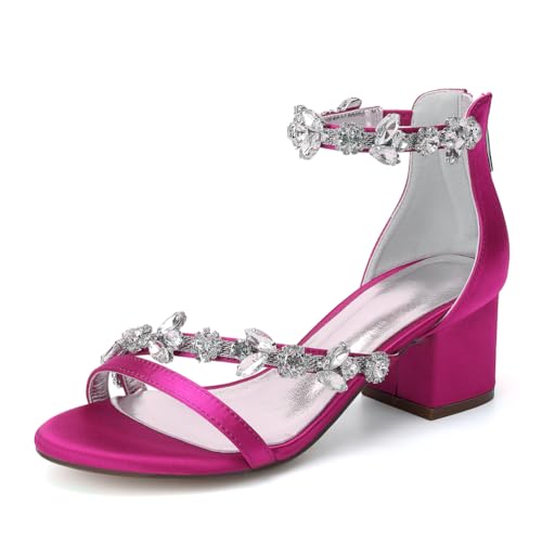 GHSIRUEU Brautschuhe Damen Strass Knöchelriemen Offener Zehen Blockabsatz Sandalen für Hochzeit Kleid Partei,Fuchsia,43 EU von GHSIRUEU