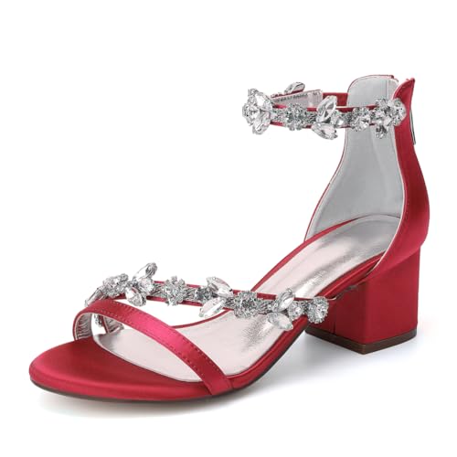 GHSIRUEU Brautschuhe Damen Strass Knöchelriemen Offener Zehen Blockabsatz Sandalen für Hochzeit Kleid Partei,Rot,42 EU von GHSIRUEU