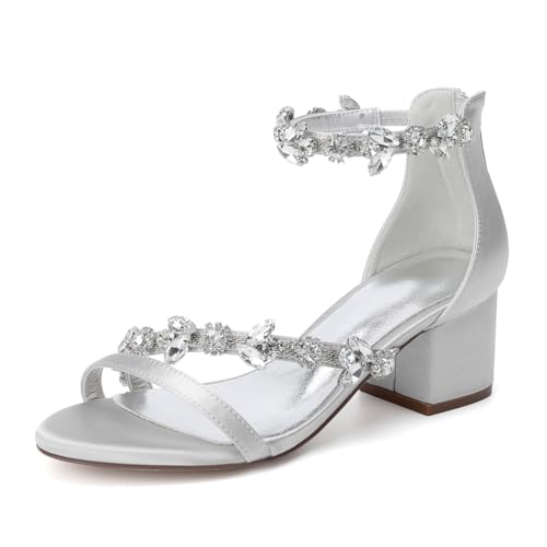 GHSIRUEU Brautschuhe Damen Strass Knöchelriemen Offener Zehen Blockabsatz Sandalen für Hochzeit Kleid Partei,Silber,39 EU von GHSIRUEU