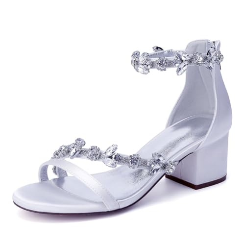 GHSIRUEU Brautschuhe Damen Strass Knöchelriemen Offener Zehen Blockabsatz Sandalen für Hochzeit Kleid Partei,Weiß,39 EU von GHSIRUEU