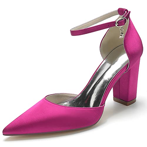 GHSIRUEU Damen Bequme Blockabsatz 8.5CM Knöchelriemen Satin Hochzeitsschuhe Brautschuhe,Fuchsia,38 EU von GHSIRUEU