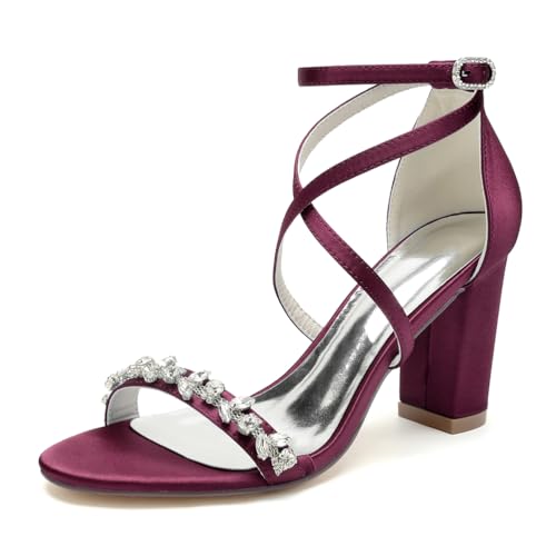 GHSIRUEU Damen Brautschuhe Mode Kreuz Riemchen Offene Zehen Sandalen mit Strass Blockabsatz 8.5CM,Burgundy,38 EU von GHSIRUEU