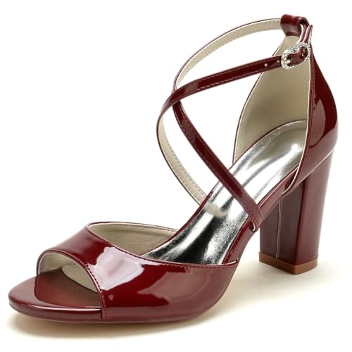 GHSIRUEU Damen Brautschuhe Moden Lackleder Kreuz Riemchen Offener Zeh Sandalen 8.5CM Blockabsatz,Burgundy,40 EU GHSIRUEU Damen Brautschuhe Moden Lackleder Kreuz Riemchen Offener Zeh Sandalen 8.5CM Blockabsatz,Burgundy,40 EU von GHSIRUEU