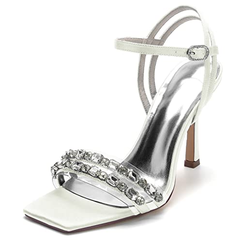 GHSIRUEU Damen Brautschuhe Sommer Offener Zeh 9.5 cm Stöckel Absatz Knöchelriemen Sandalen,Elfenbein,39 EU von GHSIRUEU