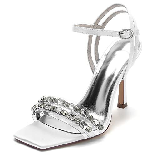 GHSIRUEU Damen Brautschuhe Sommer Offener Zeh 9.5 cm Stöckel Absatz Knöchelriemen Sandalen,Weiß,43 EU von GHSIRUEU