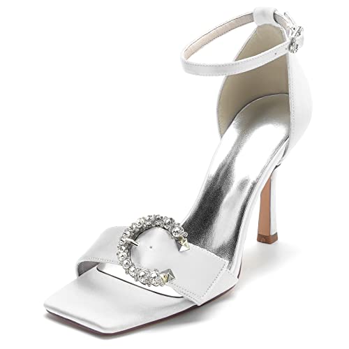 GHSIRUEU Damen Brautschuhe Sommer Offener Zeh 9.5 cm Stöckel Absatz Knöchelriemen Sandalen mit Strass Schnalle,Weiß,36 EU von GHSIRUEU