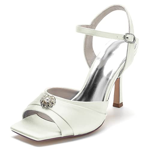 GHSIRUEU Damen Brautschuhe Sommer Offener Zeh 9.5 cm Stöckel Absatz Sandalen Mit Strass,Elfenbein,41 EU von GHSIRUEU