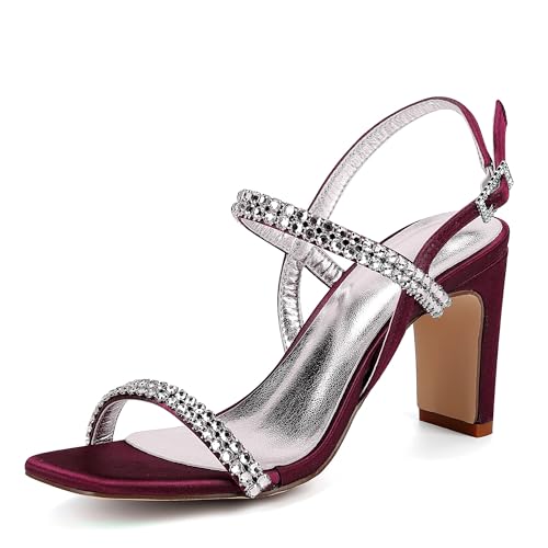 GHSIRUEU Damen Brautschuhe Sommer Offener Zehen 8 cm Blockabsatz Knöchelriemen Sandalen mit Strass,Burgundy,42 EU von GHSIRUEU