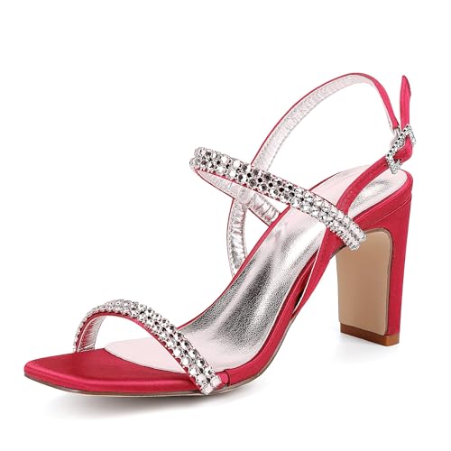 GHSIRUEU Damen Brautschuhe Sommer Offener Zehen 8 cm Blockabsatz Knöchelriemen Sandalen mit Strass,Rot,36 EU von GHSIRUEU