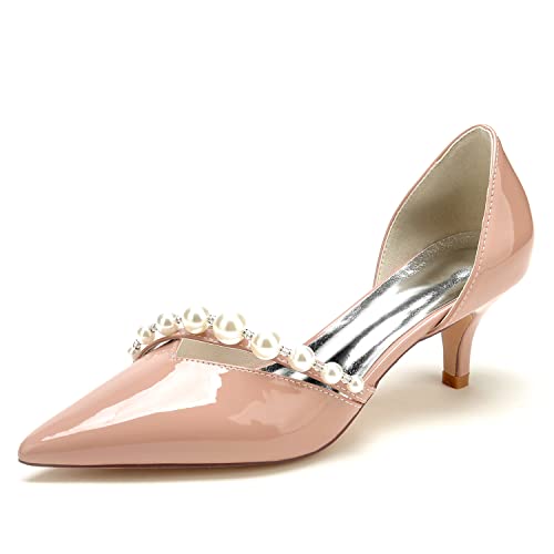 GHSIRUEU Damen Brautschuhe Spitze Zehen Kätzchenabsatz Lackleder Absatzschuhe Slip auf Partei Abendschuhe,Nude pink,42 EU von GHSIRUEU