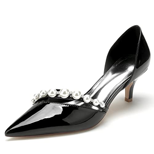 GHSIRUEU Damen Brautschuhe Spitze Zehen Kätzchenabsatz Lackleder Absatzschuhe Slip auf Partei Abendschuhe,Schwarz,42 EU von GHSIRUEU