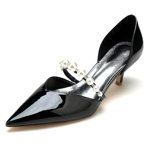 GHSIRUEU Damen Brautschuhe Spitze Zehen Kätzchenabsatz Lackleder Absatzschuhe mit Perle Partei Abendschuhe,Schwarz,42 EU von GHSIRUEU