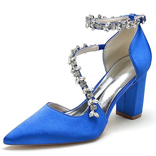 GHSIRUEU Damen Brautschuhe Spitzschuh Kristall Knöchelriemen Blockabsatz Pumpen Partei Abendschuhe,Blau,42 EU von GHSIRUEU