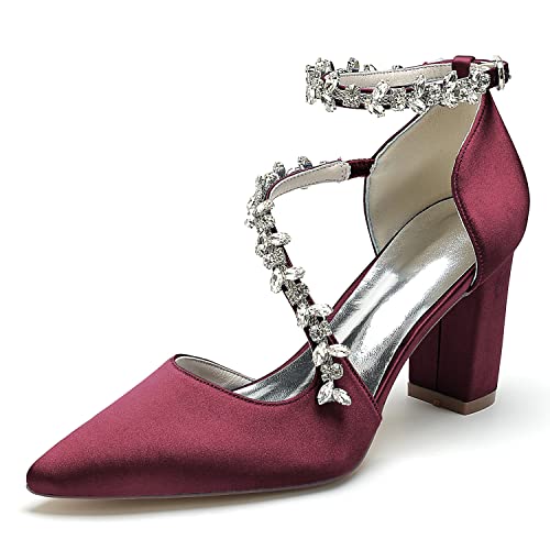 GHSIRUEU Damen Brautschuhe Spitzschuh Kristall Knöchelriemen Blockabsatz Pumpen Partei Abendschuhe,Burgundy,38 EU von GHSIRUEU