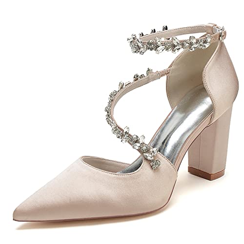 GHSIRUEU Damen Brautschuhe Spitzschuh Kristall Knöchelriemen Blockabsatz Pumpen Partei Abendschuhe,Champagne,42 EU von GHSIRUEU