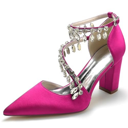 GHSIRUEU Damen Brautschuhe Spitzschuh Kristall Knöchelriemen Blockabsatz Pumpen Partei Abendschuhe,Fuchsia,43 EU von GHSIRUEU