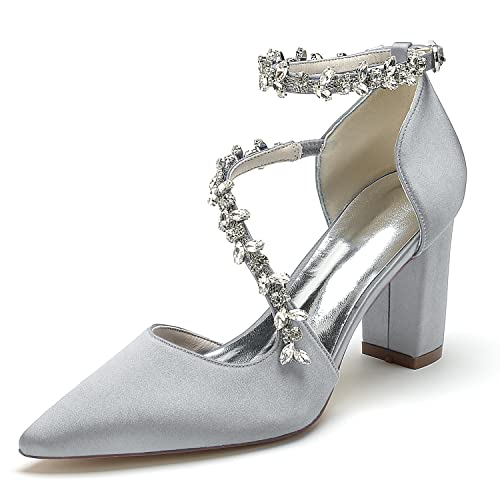 GHSIRUEU Damen Brautschuhe Spitzschuh Kristall Knöchelriemen Blockabsatz Pumpen Partei Abendschuhe,Silber,38 EU von GHSIRUEU